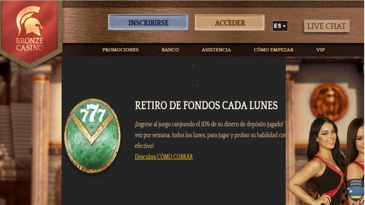 Lunes de reembolso 10% por retiros en Bronze Casino